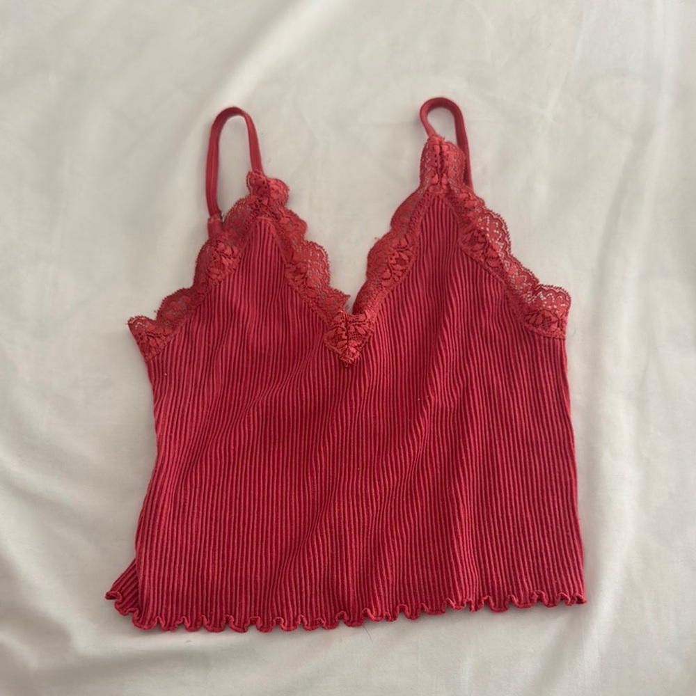 Red Lace Trim ribbed Crop Top